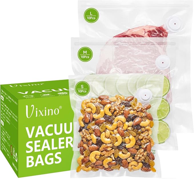 Vixino Vacuum Sealer Bags for Food, 30 Reusable BPA-Free Vacuum Seal Bags | Resealable Sous Vide Bags, Works with Handheld Vacuum Sealer and Vacuum Sealer Machine with External Interface