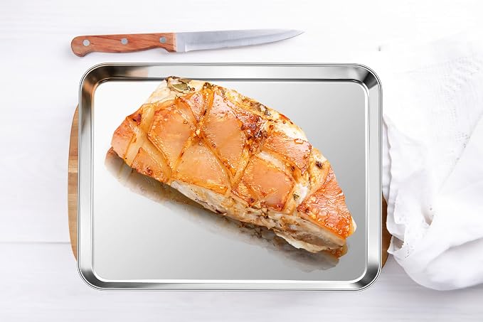 P&P CHEF Baking Sheet Pan, Stainless Steel Cookie Sheet, 9 Inch & 4 Pcs | Oven Tray Sheet Pan for Baking & Serving, Baking Tray for Multi Uses, Heavy Duty & Non-toxic, Rust Free & Dishwasher Safe