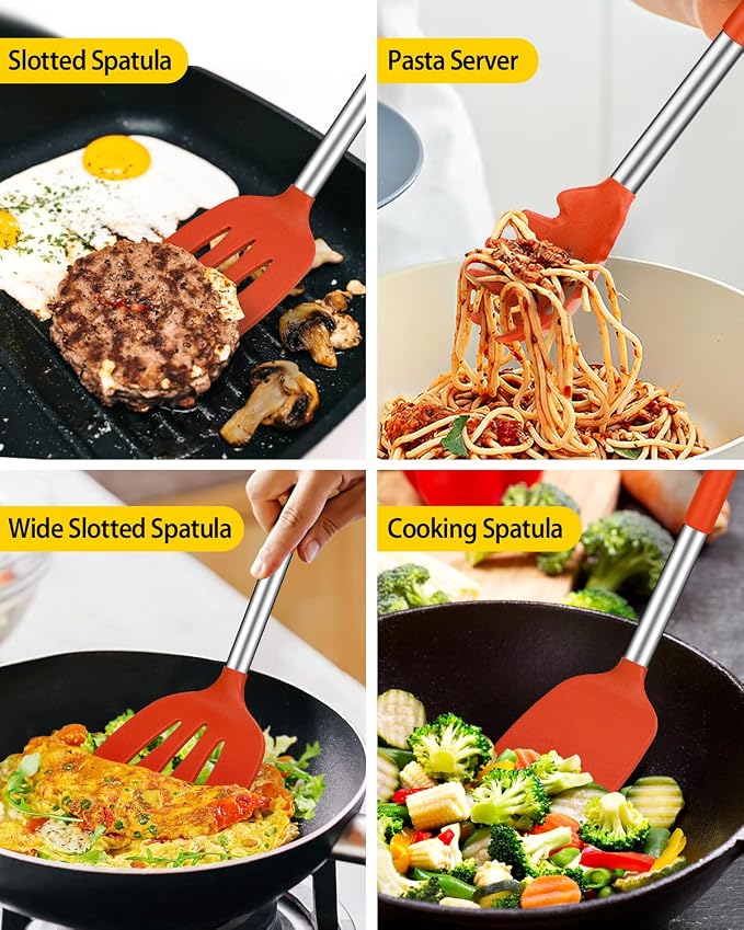 Silicone Cooking Utensils Set, 8 Pcs Kitchen Utensils with Holder, Red | BPA Free and Heat Resistant, Kitchen Tools for Non Stick Cookware include Spatulas, Turners, Spoons, Skimmer and Pasta Fork