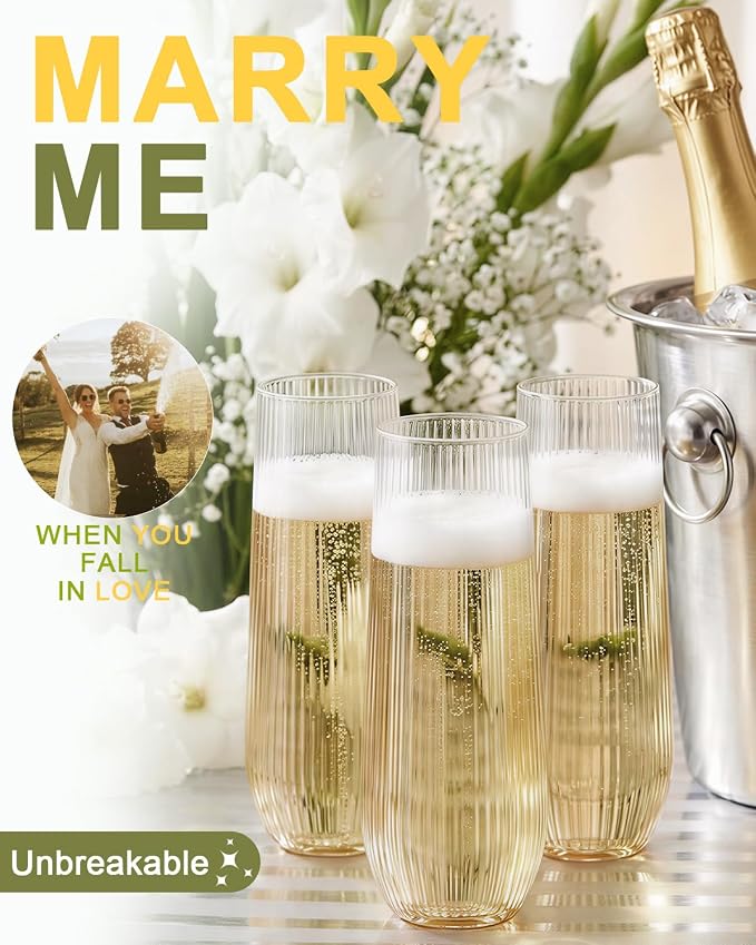24 Pack Plastic Champagne Flutes, 9 Oz Disposable Wine Mimosa Glasses | Ribbed Stemless Champagne Flutes Cocktail Glasses, Plastic Cups for Bridal Shower Bachelorette Party Mimosa Bar
