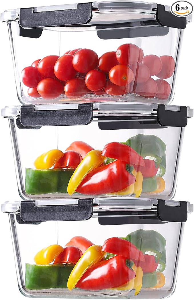 HOMBERKING 6 Pieces 63oz/8cup Large Glass Food Storage Containers with Lids, Meal Prep Containers, Airtight Bento Boxes with Leak Proof Locking (3 Containers 3 Lids), Microwave,Oven,Fridge Safe-Black