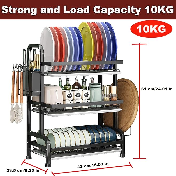 Dish Drying Rack,Dish Racks Drainer,Keep Kitchen Sink Shlef Organized | Over The Sink Dish Drainer Drying Rack 3 Tier with Drain Tray,Chopsticks Rack,Knife Holder