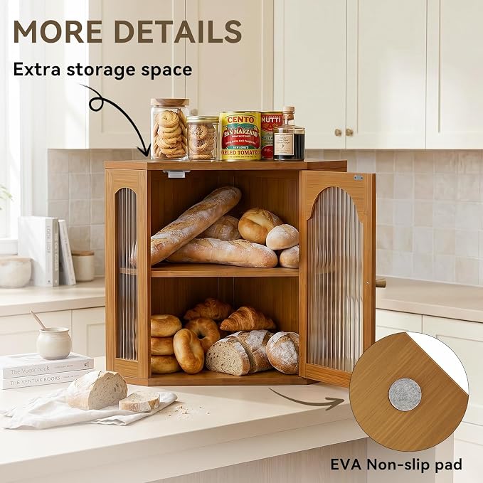 2-Tier Corner Bread Box for Kitchen Countertop with Acrylic Wavy Door Panel | Bread Storage for Homemade Bread, Large Bamboo Vintage Farmhouse Bread Bin, Cabinet Cupboard Pantry, Caramel, Extra Large