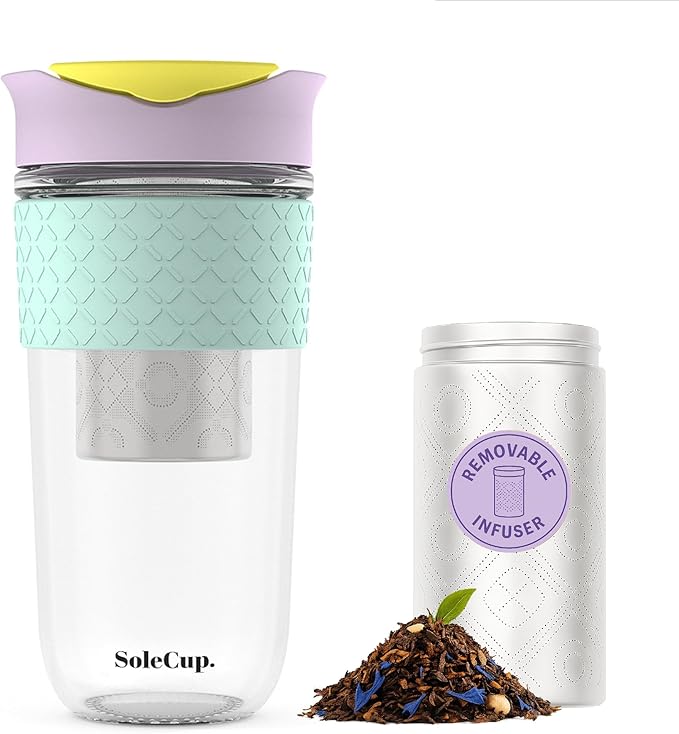 Large Travel Mug Loose Tea Infuser - Detachable Tea Strainer with Spill Proof Lid - 18oz/530ml BPA-Free Reusable Glass Travel Coffee Cup with Silicone Band (Ice Cream, 18oz)