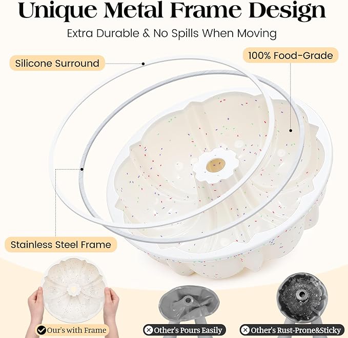 Vinino 9.5 Inch Fluted Tube Cake Pan, 2 Pack with Metal Frame | Bake Family Desserts Easily, Ideal for Cakes, Bread, Jello and Gelatin Treats, Flexible Silicone Design