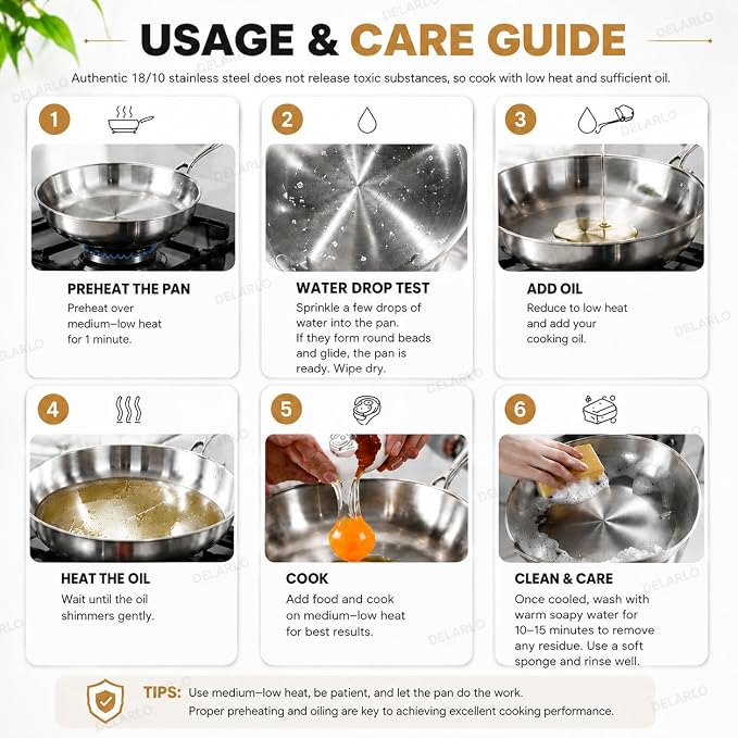 DELARLO Tri-Ply Stainless Steel Pan,18/10, 9" 11" | Nontoxic Durable Oven Safe 800℉ All Cooktops Compatible Fast Even Heat PFOA Free Large Frying Pan Nontoxic Cookware