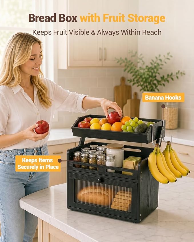 Bread Box for Kitchen Countertop, Bamboo Bread Storage Container with Fruit Basket, Clear Door & Magnetic Closure, Raised-Rail Shelves & 2 Banana Hooks, Farmhouse Pantry Organizer, Black