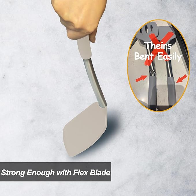 2 Pack Spatulas, Solid & Slotted Silicone Spatula Set, Stainless Steel Handle Coated with Silicone, Non Stick Turners, Heat Resistant Rubber Spatulas for Fish, Eggs, Pancakes, Khaki
