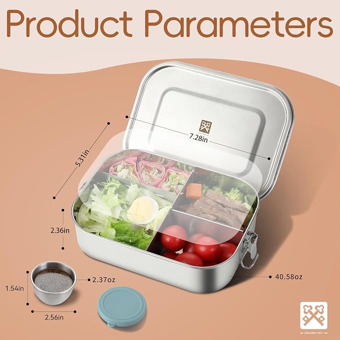 GOLDEN KEY Stainless Steel Lunch Box for Adults,Thickened Metal Bento Box with 4 Compartments, 40oz Large Capacity, Leak-Proof & Eco-Friendly Metal Food Container for Office, Meal Prep & Travel