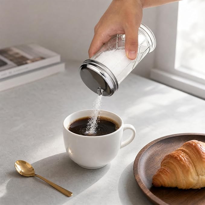 12oz Glass Sugar Jar, Glass Jar with Stainless Steel Lid | Sugar Container Sugar Dispenser with Pour Spout, Salt, Pepper, Parmesan, Cinnamon, & Spices,，for Coffee Bar or Counter