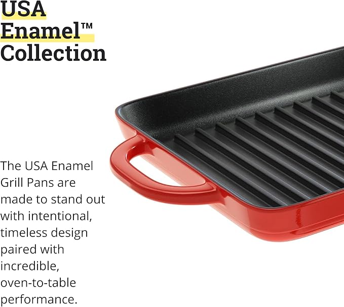 Lodge 12.5 x 8 Inch Enamel Cast Iron Grill Pan - Dual Assist Handles - Use in the Oven, on the Stove, on the Grill, or Over a Campfire - Red