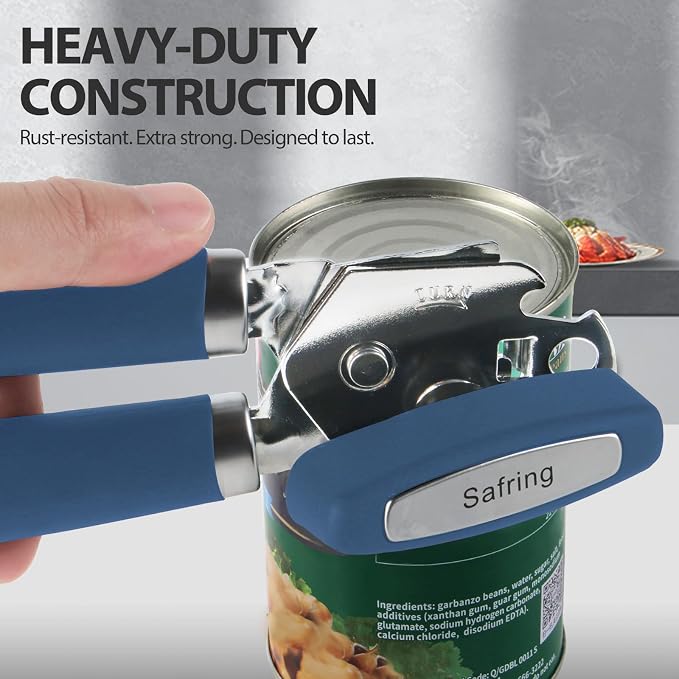 Safring Can Opener Manual, Heavy Duty Handheld Strong Can Opener with Soft Touch Handle, Sharp Blade Smooth Edge, Can Openers with Multifunctional Bottle Opener, Blue