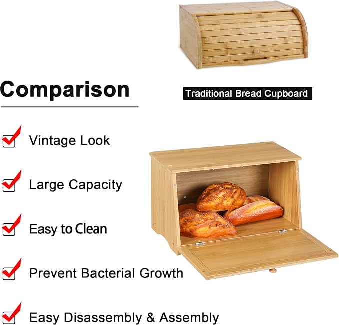 HOMEKOKO Vintage Wooden Bread Box for Kitchen Countertop, Natural Bamboo | Retro Farmhouse Style, Holds 2 Loaves, Breathable Design Keeps Bread Fresh For 3–4 Days, Suitable For Rustic/Vintage Kitchen