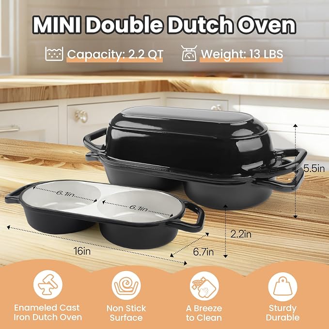 YONILL Mini Double Dutch Oven with Lid for Sourdough Bread Baking (Black) | Enameled Cast Iron Pot with Lid, 5" Banneton Bread Proofing Basket Include, Dual Round Bread Loaf Pan for Homemade Baking