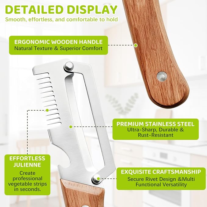 Left & Right Hand Vegetable Peeler Set with Scallion Slicer & Bottle Opener, Heavy-Duty Thick Stainless Steel Blade, Multi-Function Kitchen Peeler with Wooden Handle for Fruits & Vegetables(New 2pcs)