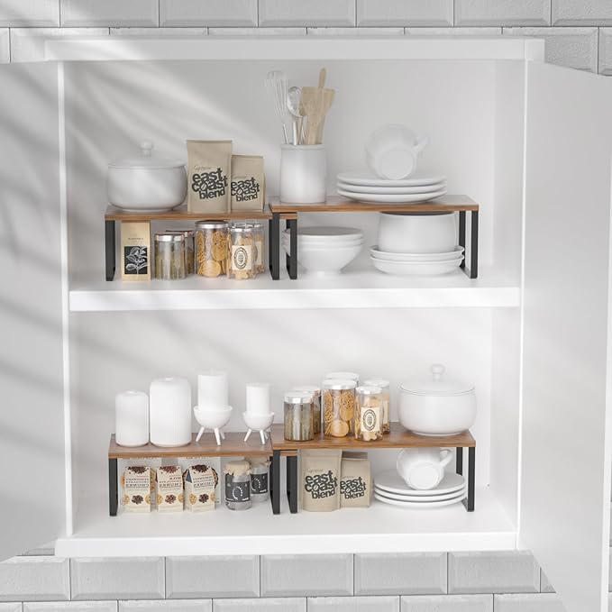 NEX Cabinet Organizer Shelf, Kitchen Counter Shelves Set of 4 | Stackable & Expandable Spice Rack, Space-Saving Pantry Organizers Bathroom Countertop Storage, Black and Rustic Brown