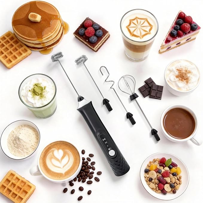 Milk Frother Handheld Rechargeable, Frother Wand Coffee Drink Mixer Electric Whisk 3 Speed Adjustable, Detachable with 3 Stainless Whisks, Hand Mixer for Lattes Cappuccino Hot Chocolate Matcha Egg