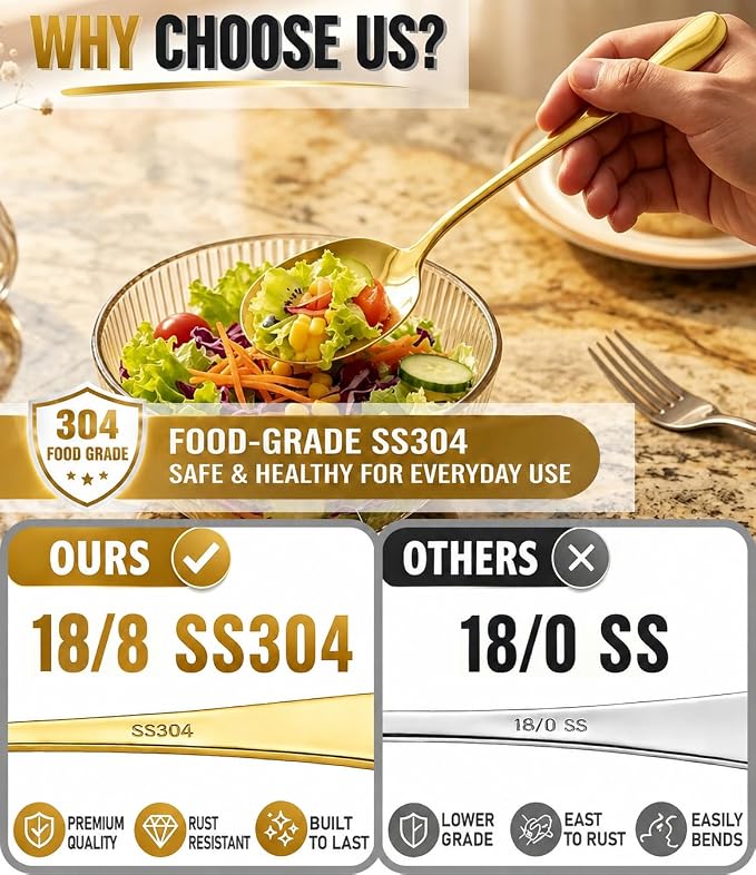 4-piece Gold Serving Spoons, 18/8 stainless steel, Large Buffet Serving Spoon, 2 Slotted Spoons & 2 Solid Spoons, Heavy Duty 304 Stainless Steel Tabletop Flatware Utensil for Banquet and Kitchen