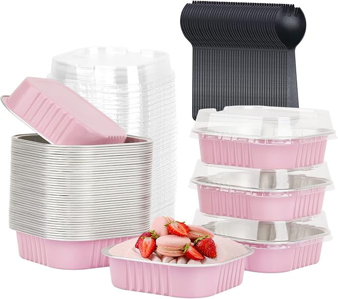 LNYZQUS 4 Inch Mini Pie Tins with Lids, 7.5oz Foil Individual Cake Pans | 40 Pack, Square, Pink, Disposable, Small Baking Cups, Single Brownie Take-out Containers for Bake Sale Treats