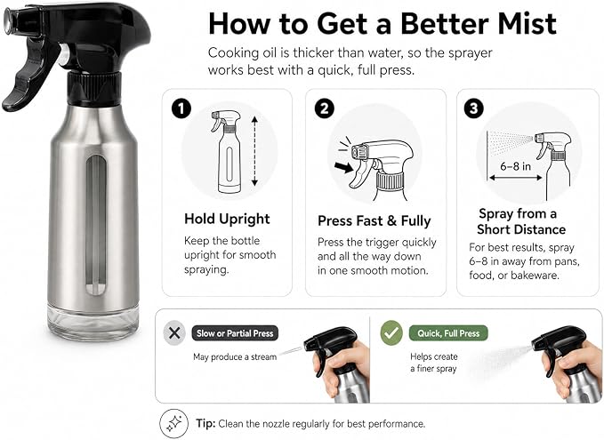 Oil Sprayer for Cooking 180ml, Olive Oil Mister with Fine Mist Trigger, Stainless Steel Refillable Glass Dispenser Bottle 6.35oz for Air Fryer BBQ Salad & Baking (Black+Stainless Steel)