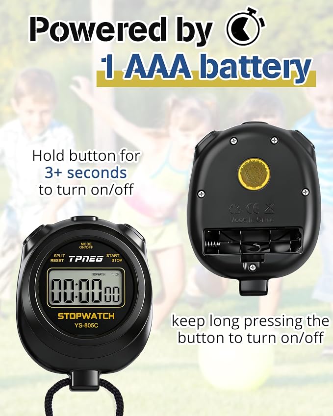 TPNEG Simple Stopwatch Timer - Easy to Use, Set Up, Read, and Carry - Large Display - On/Off, AAA Battery - Ideal for Coaches, Track and Field, Soccer Referees, Sports, Classroom