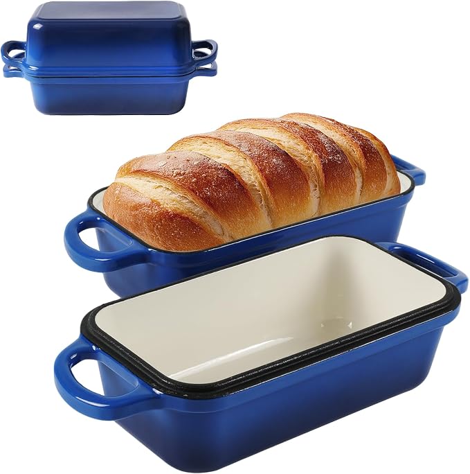 9 x 5 Inch Bread Pan Enameled Cast Iron Loaf Pan with Lid for Baking Blue | 2 in 1 Non-stick Sourdough Bread Loaf Pan for Homemade Bread, Oven & Stovetop Safe for Gas, Electric & Induction