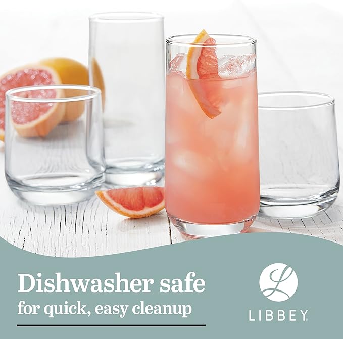 Libbey Ascent Tumbler & Rocks Drinking Glasses Set of 16, Clear Glass Cups | 16.25 oz & 12.25 oz Capacities Glasses for Water, Juice, Cocktails, and More with Curved Design and Dishwasher-Safe Care