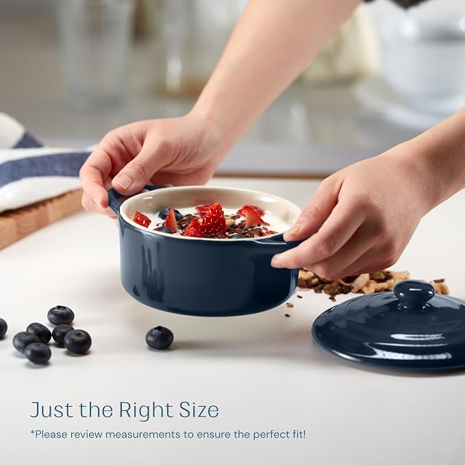 Kook Ceramic Mini Cocotte Set, Small Casserole Dishes with Lids and Handles, Individual Baking Ramekins, Oven safe 350F, Microwave & Dishwasher Safe, Stoneware, 12 oz, Set of 4, (Navy)