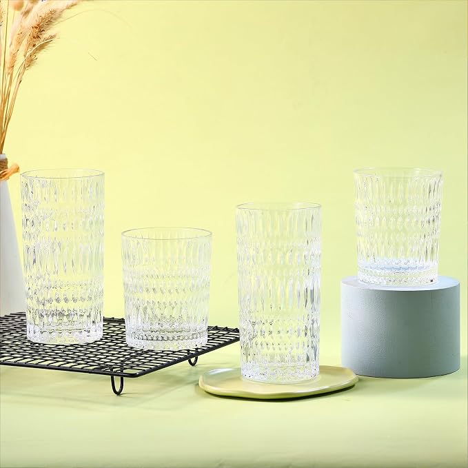 Loivttvv Glassware Drinking Glasses Set of 8, 14 oz Highball Glasses & 10 oz Ribbed Glass Cups, Vintage Glassware for Water, Juice, Cocktail, Whiskey (Clear)