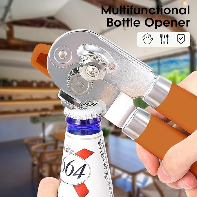 Beneno Heavy Duty Hand Can Opener Manual with Magnet Lid Remover, Orange | Razor-Sharp Carbon Steel Blade, Precise Smooth Cutting Gear, Big Effort-Saving Knob, Soft Grip Handle, Built-in Bottle Opener