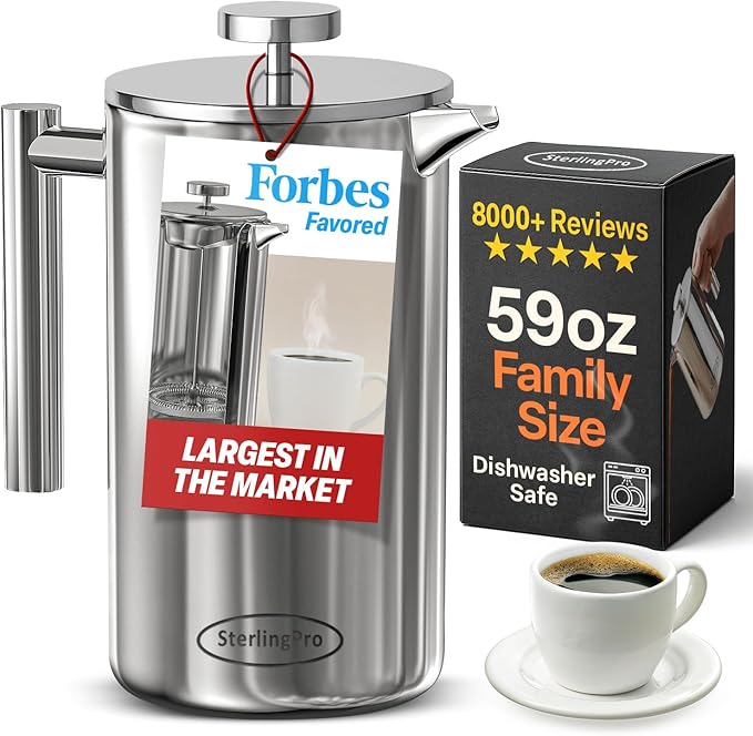 SterlingPro Extra Large Insulated Stainless Steel French Press Coffee Maker 59oz – Insulated Metal XL Double Wall Coffee Maker | Plastic Free | Cool-Touch | Mirror Finish | Makes up to 16 Cups /8 Mugs