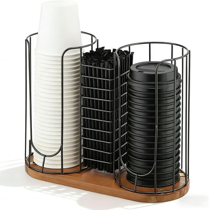 18oz Adjustable Coffee Cup Dispenser with Wooden Base, Cup and Lid Holder, Cups Holder Organizer for Coffee Pod Straw and Lid Storage(3-Compartment Single,Color 1)