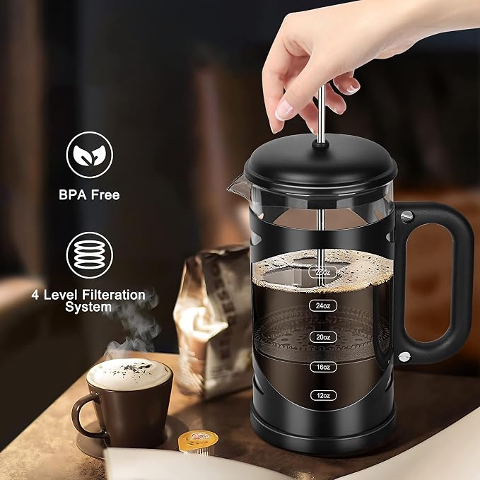 YMMIND 34 Ounce French Press Coffee Maker Black Stainless Steel Coffee Press, with 4-Level Filter System, Heat Resistant Thickness Borosilicate Glass, BPA-Free Brewed Coffee Pot for Camping Gifts