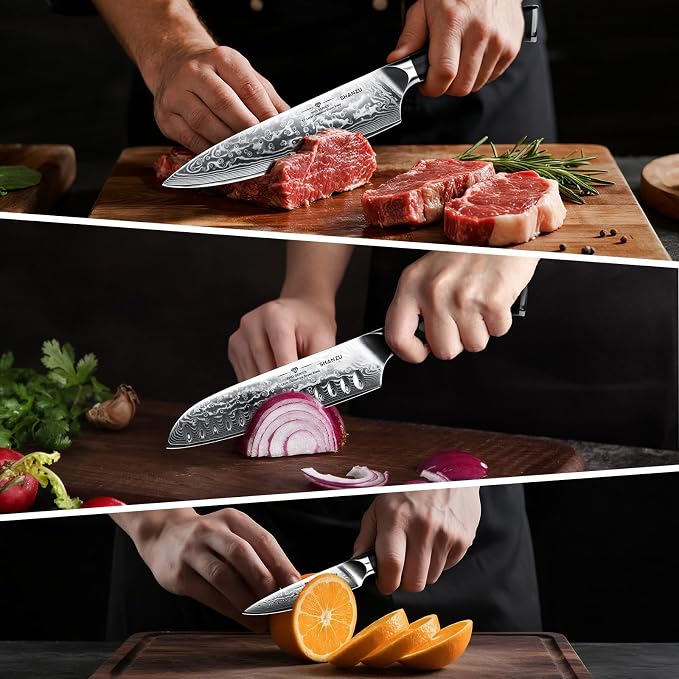SHAN ZU Damascus Knife Set, Japanese Super Steel 3 PCS Damascus High Carbon Professional Ultra-Sharp Kitchen Chef Knife Set with G10 Handle Gift Box | Damascus High Carbon Professional Ultra-Sharp Kitchen Chef Knife Set with G10 Handle Gift Box