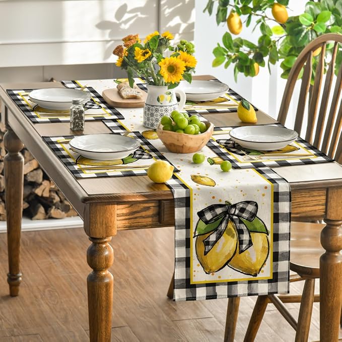 Artoid Mode Buffalo Plaid Lemon Placemats for Dining Table, 12 x 18 Inch Summer Seasonal Decoration Rustic Washable Table Mats Set of 4