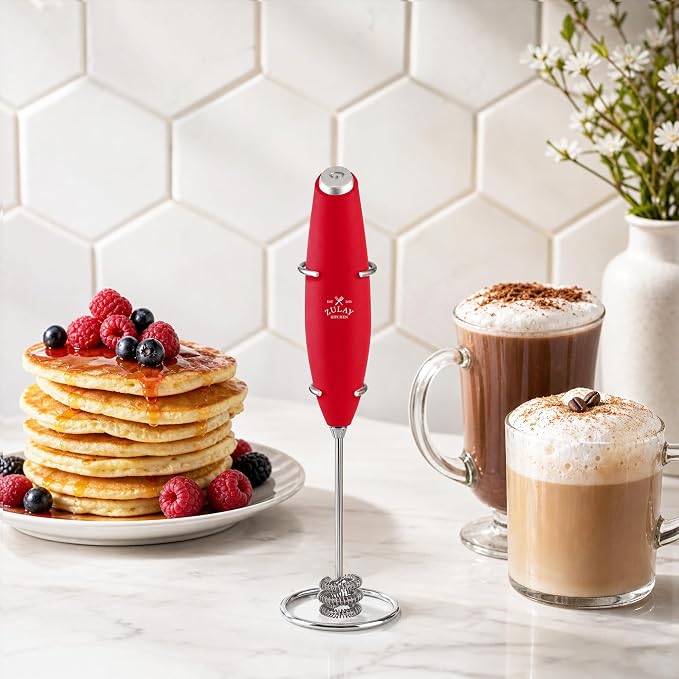 Zulay Kitchen Powerful Milk Frother Wand With Duracell Batteries - Ultra Fast Handheld Drink Mixer - Electric Whisk Foam Maker for Coffee, Lattes, Cappuccino & Matcha - Triple Whisk - Maroon Red