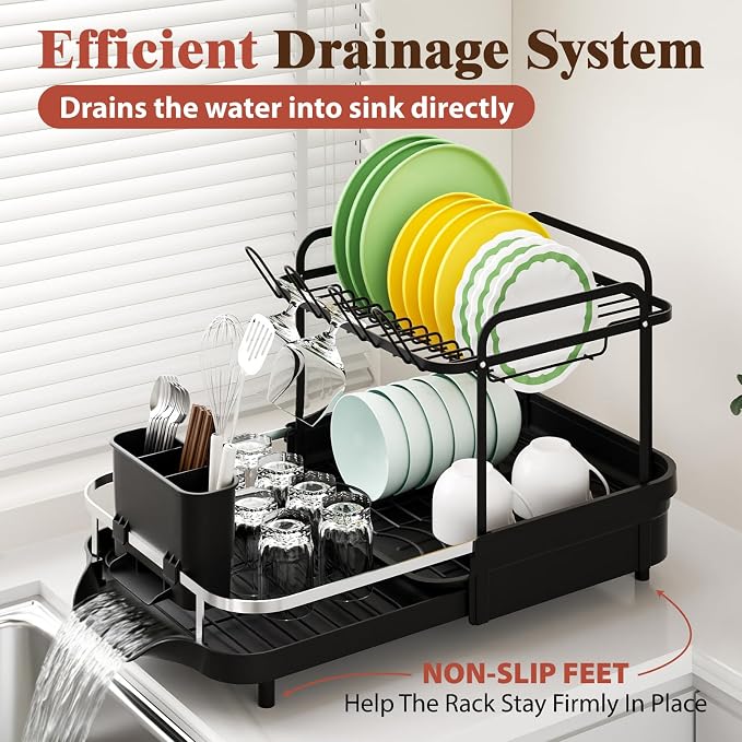 2 Tier Dish Drying Rack, Expandable Stainless Steel Dish Drainer for Kitchen Counter, Rustproof Auto Draining Drainboard, Raised Guardrail, Detachable Utensil Holder, Space Saving Kitchen Organizer