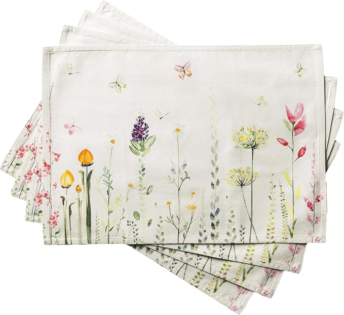 Maison d' Hermine Placemats Set of 4 Reusable 100% Cotton (13"x19") | Cloth Place Mats Washable Table Mats for Kitchen Dining Party Wedding Hotel Home Restaurant Spring Summer - Botanical Fresh