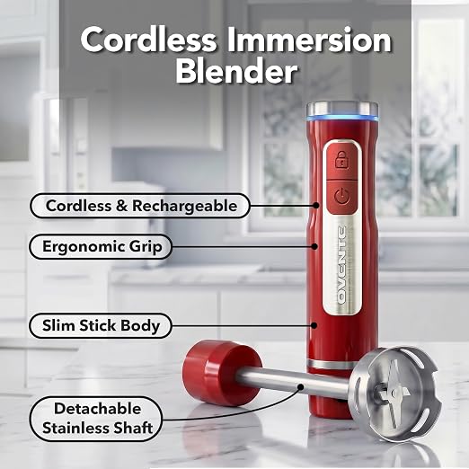 OVENTE Cordless Hand Blender, Rechargeable with 8 Mixing Speed Red HR781R | 200 Watts Handheld Portable Stick Mixer, One-Touch Control and Stainless Steel Blades for Smoothies, Shakes or Soups