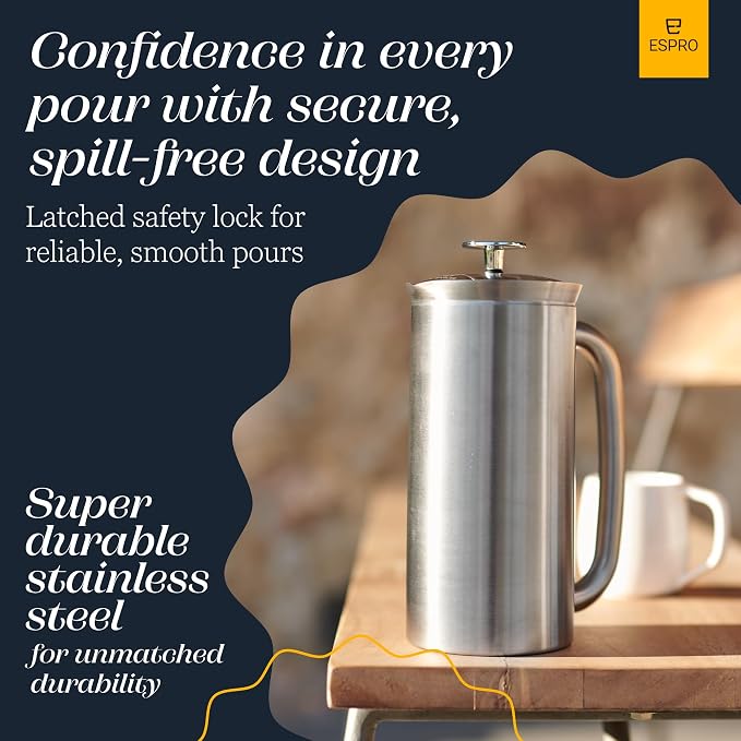 ESPRO P7 French Press, 18oz, Brushed, Stainless Steel Coffee Maker | Double Filter Coffee Press, Grit-Free Coffee, Heat Resistant Insulated tea Press, Easy Hot and Cold Coffee Brewer, Tea Brewer