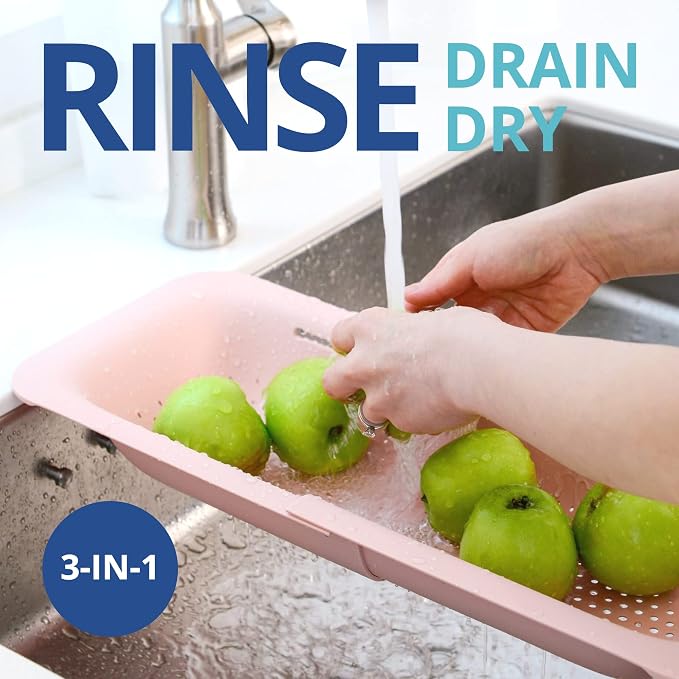 Blue Ginkgo Over Sink Colander, Extendable Kitchen Strainer, Pink | Fits Most Sinks. Rinse, Drain and Dry with Ease.