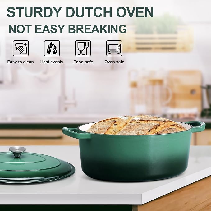 E-far 7QT Oval Dutch Oven Pot with Lid, Enameled Cast Iron Dutch Oven | with Dual Handles for Homemade Sourdough Bread Baking, Nonstick Enamel Coated Cookware, Non-Toxic & Easy Clean, Dark Green