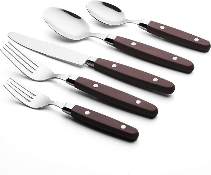 ANNOVA Silverware Set, Retro/Rivet Colorful Stainless Steel Tableware Kitchen Flatware Set Utensils, Includes Dinner Knives, Forks, Spoons, Salad Forks & Dessert Spoons (Chocolate Brown, 20 Pieces)
