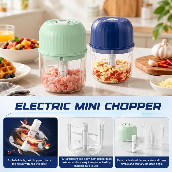 Electric Garlic Chopper, Mini Rechargeable Electric Garlic Chopper, Wireless Portable Food Processor for Ginger Chili Onion Vegetables Meat (Blue)