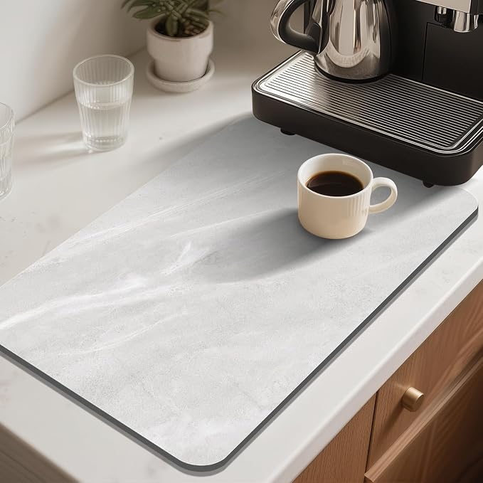 Findosom Dish Drying Mat, 12"x 20" Super Absorbent & Hide Stain Coffee Mat, Cuttable Drying Mat for Kitchen Counter, Coffee Bar Accessories, Under Dish Rack, Espresso Machine, LightGrey-2