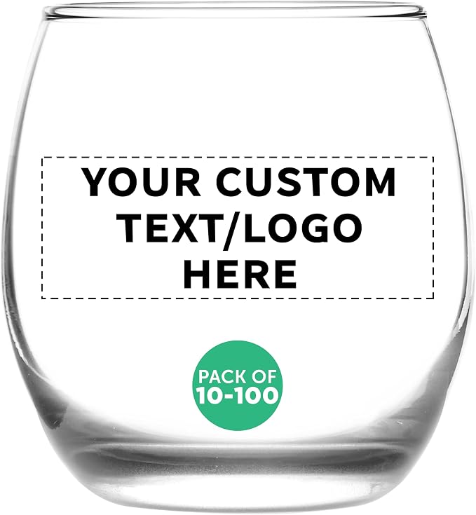 Custom Mikonos Stemless Wine Glasses 11.5 oz. Set of 10/50/100, Personalized Bulk Pack - Restaurant Glassware, Perfect for Red Wine, White Wine, Cocktails - Clear