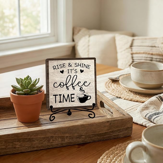 Farmhouse Coffee Bar Decor, 5"x5" Coffee Bar Sign | Rise & Shine It's Coffee Time Wood Plaque with Stand | Minimalism Gift for Home Kitchen Tabletop Desk - A10