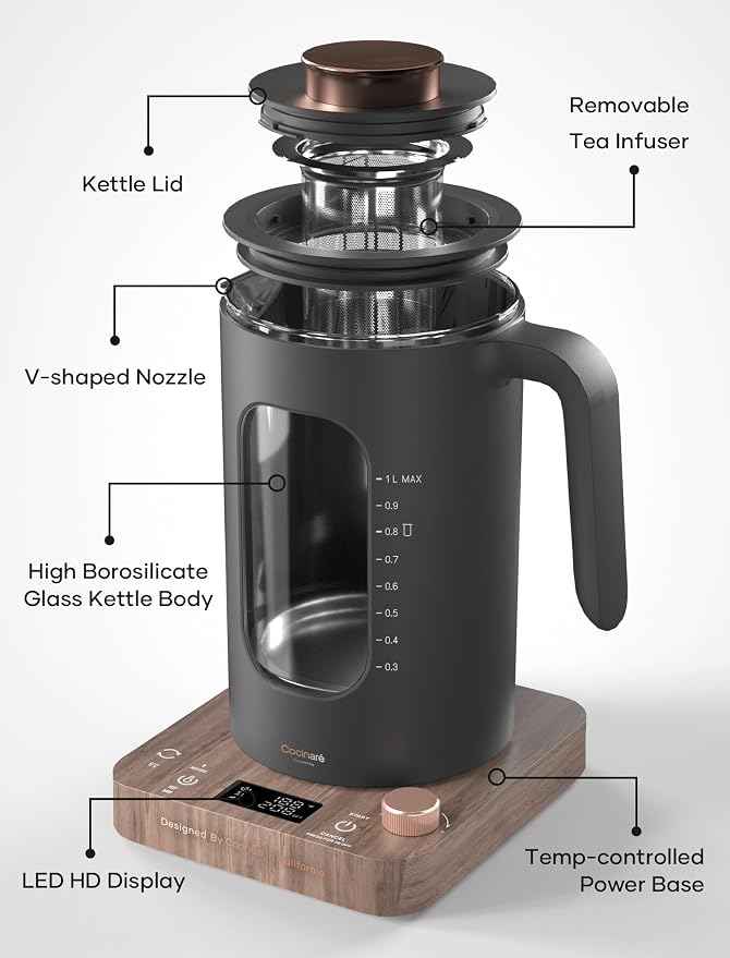 INTASTING Electric Tea Kettle with Infuser, 1℉ Temperature Control, 1 Liter | 1200W Fast Heating, BPA-Free Glass, Easy to Clean, Keep-warm, Auto shut-off, Wood