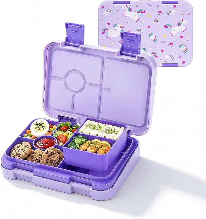 Bento Lunch Box for Kids, 5/6 Compartments, Purple Patterned | Dishwasher Safe Back to School Snack Bento Lunch Containers Boxes, Ideal Portion Sizes for On-the-Go Meal, Ages 3+, School
