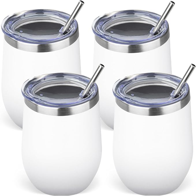 12oz/4 Pack Stainless Steel Wine Tumbler with Lid and Straw, Double Wall Vacuum Insulated Wine Tumbler Glasses, Stemless Travel Mugs for Hot and Cold Drinks, Coffee, Wine, Cocktails (White)